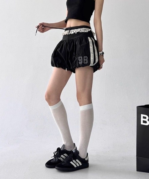 CDG  plus バルーンシルエット 黒 ショートパンツ S パンツ レースライン バルーンシルエット ショートパンツ ブルマパンツ