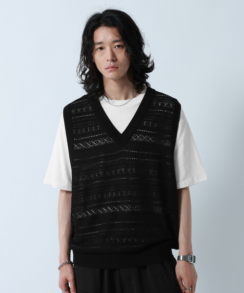 ベスト ジレ Lace Knitting Knit Ensemble Vest/透かし編みニットベスト「Tシャツ付き」 メンズ | RAGEBLUE | 08