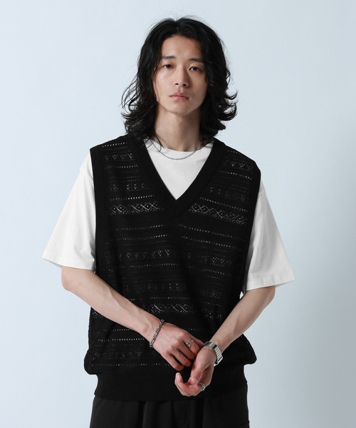 ベスト ジレ Lace Knitting Knit Ensemble Vest/透かし編みニットベスト「Tシャツ付き」 メンズ | RAGEBLUE | 10