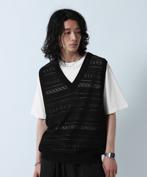ベスト ジレ Lace Knitting Knit Ensemble Vest/透かし編みニットベスト「Tシャツ付き」 メンズ | RAGEBLUE | 11