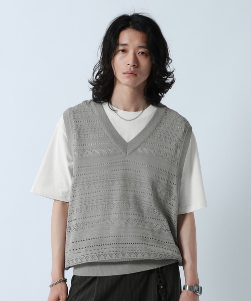 ベスト ジレ Lace Knitting Knit Ensemble Vest/透かし編みニットベスト「Tシャツ付き」 メンズ | RAGEBLUE | 16