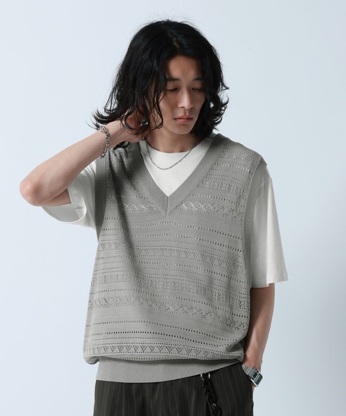 ベスト ジレ Lace Knitting Knit Ensemble Vest/透かし編みニットベスト「Tシャツ付き」 メンズ | RAGEBLUE | 17