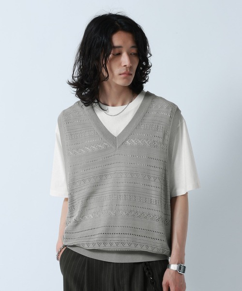 ベスト ジレ Lace Knitting Knit Ensemble Vest/透かし編みニットベスト「Tシャツ付き」 メンズ | RAGEBLUE | 18