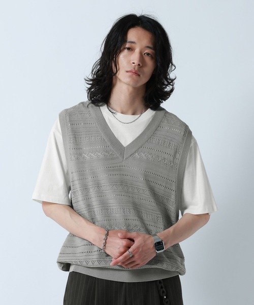 ベスト ジレ Lace Knitting Knit Ensemble Vest/透かし編みニットベスト「Tシャツ付き」 メンズ | RAGEBLUE | 19