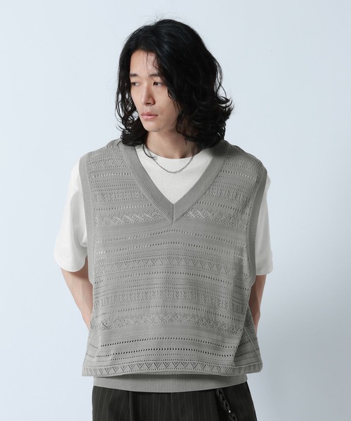 ベスト ジレ Lace Knitting Knit Ensemble Vest/透かし編みニットベスト「Tシャツ付き」 メンズ | RAGEBLUE | 20