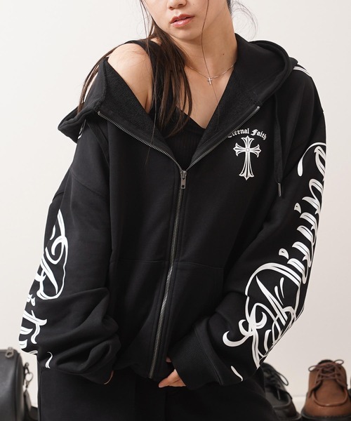 Belinda ジップアップパーカー ブラック Sサイズ 完売品！ パーカー 「セットアップ対応」捲縮裏毛 レタリング ZIPパーカー