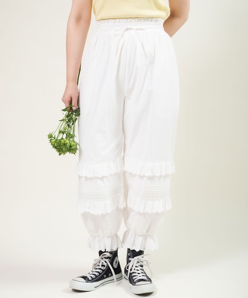 極美品☆Dot & Stripes／ブロードレースピンタックフリルパンツ F 白 Dot＆Stripes CHILD WOMAN（ドット＆ストライプス チャイルドウーマン