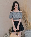 水着 オフショルダーチェック柄スカートビキニ ...の詳細画像1