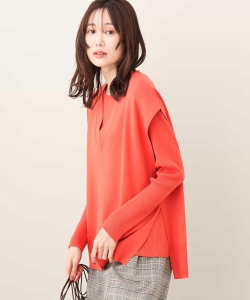 ニット セーター 2024AW/Vネックチュニックニットベスト×リブニットプルオーバー ツインセット/洗える レディース
