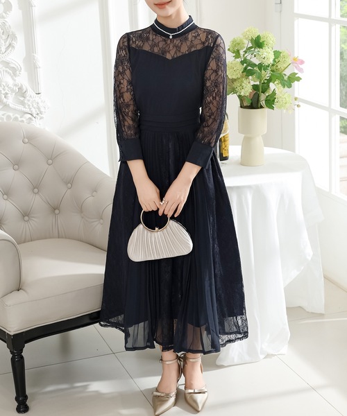 美品✨シビラ　プリーツドッキングドレス Vネック　七分袖 ロングワンピース Lace Ladies（レースレディース） ドレス プチハイネック レース