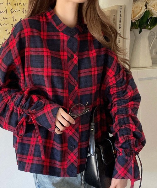 美品 ヌキテパ バックギャザーチェックブラウス バンドカラー フレア 美品 ヌキテパ バックギャザーチェックブラウス バンドカラー