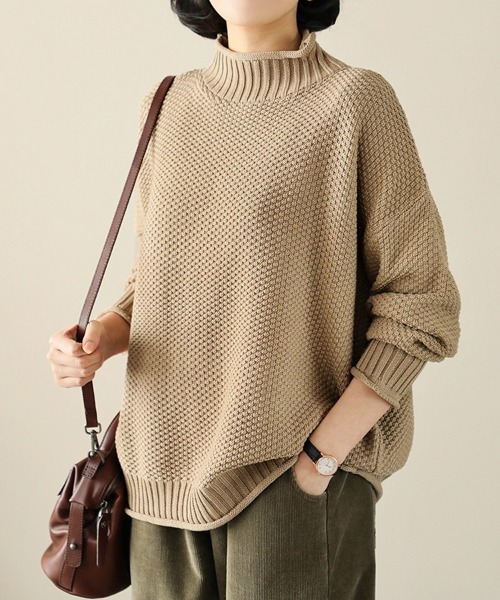 SEU ニット セーター 鹿の子編みハイネックニットトップス レディース