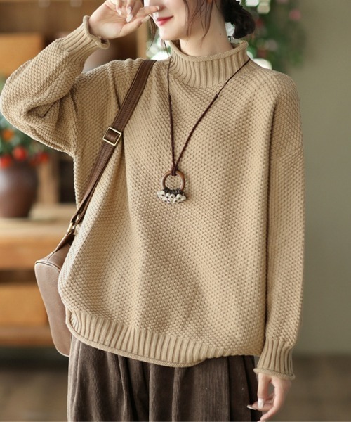 SEU ニット セーター 鹿の子編みハイネックニットトップス レディース