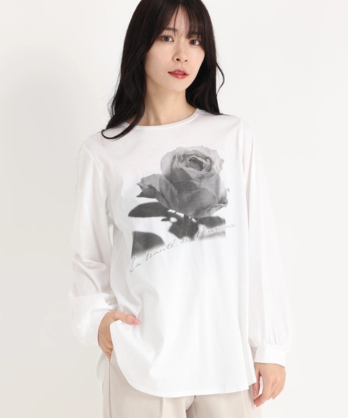 tシャツ ローズプリント長袖Tシャツ レディース