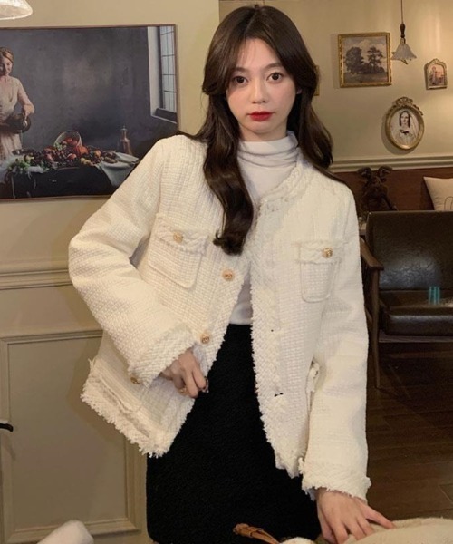 おしゃれスタ コート アウター カジュアルツイードノーカラー