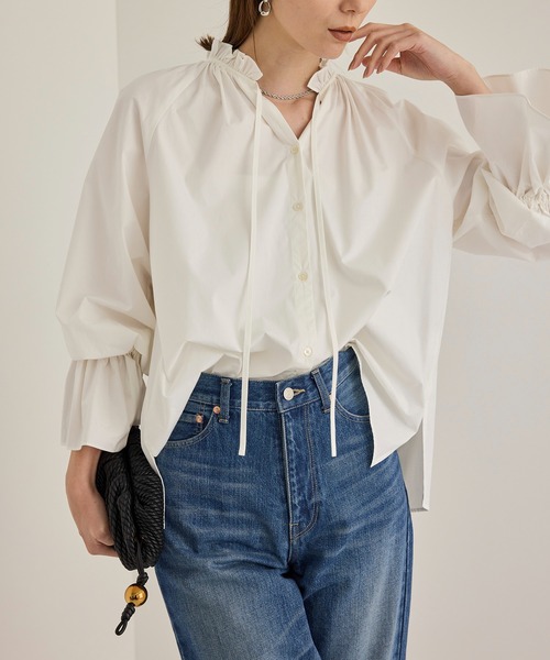 ブラウス シャツ 「洗える」シルク混タイプライタースタンドフリルブラウス レディース ROPE' ブラウス シャツ 「洗える」シルク混タイプライター