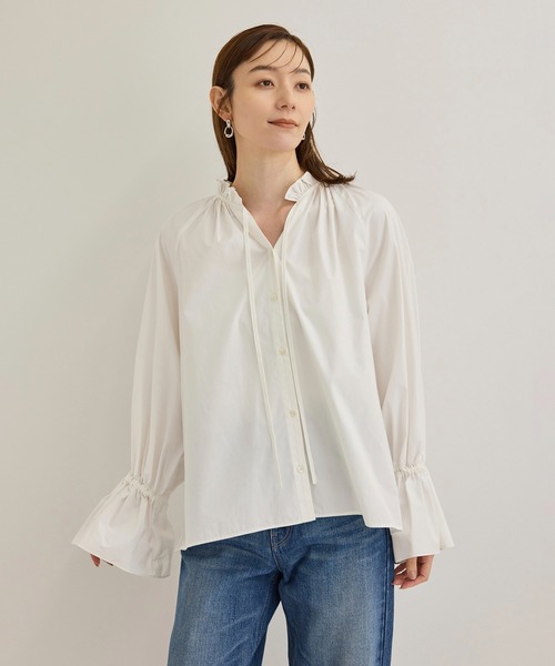 ブラウス シャツ 「洗える」シルク混タイプライタースタンドフリルブラウス レディース ROPE' ブラウス シャツ 「洗える」シルク混タイプライター