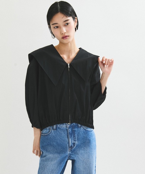美品　アダムエロペ ペプラムジップブラウス ブルゾン　サックス　ブルー セール】【再入荷・新色追加・サステナブル】ペプラムジップブラウス