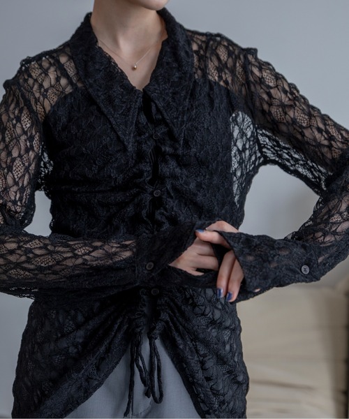 ブラウス シャツ ドロストシャーリングシアーシャツ レディース She's Closet ブラウス シャツ バンドカラー長袖ドロスト