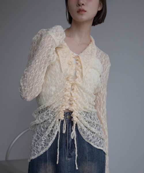 ブラウス シャツ LACE HOODIE レディース Lace Ladies ブラウス シャツ 長袖立ち襟フリル無地ブラウス