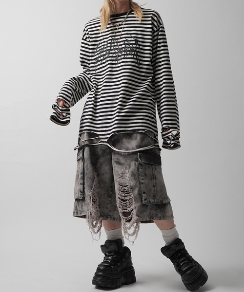 y2k grunge darkcore ボーダーカットソー ロンＴ tシャツ 「MARCORE SELECT」メタルコア クロス 無地 / ボーダー