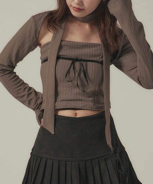 アンサンブル Ribbon bare top + cropped cardigan SET / リボンベアトップ＋クロップドカットソーカーディガン