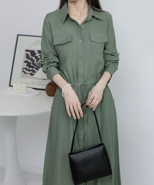 胸ポケット☆シャツワンピース フレア ロング 長袖 シフォン MAISON DE THERESE シャツワンピース 長袖胸ポケット ロング