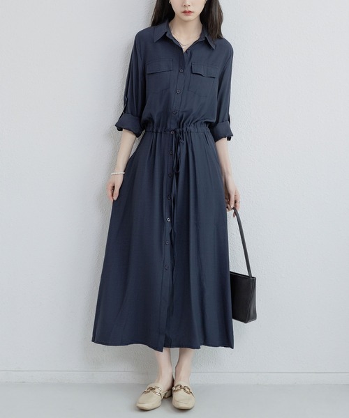 胸ポケット☆シャツワンピース フレア ロング 長袖 シフォン MAISON DE THERESE シャツワンピース 長袖胸ポケット ロング