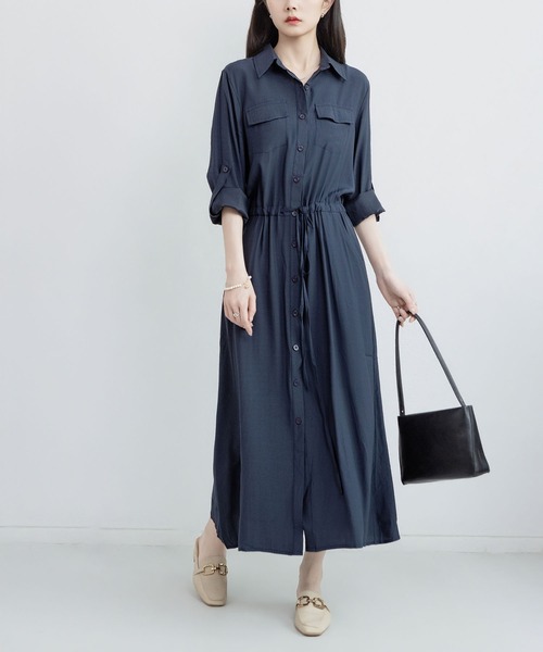 MAISON DE THERESE シャツワンピース 長袖胸ポケット ロング