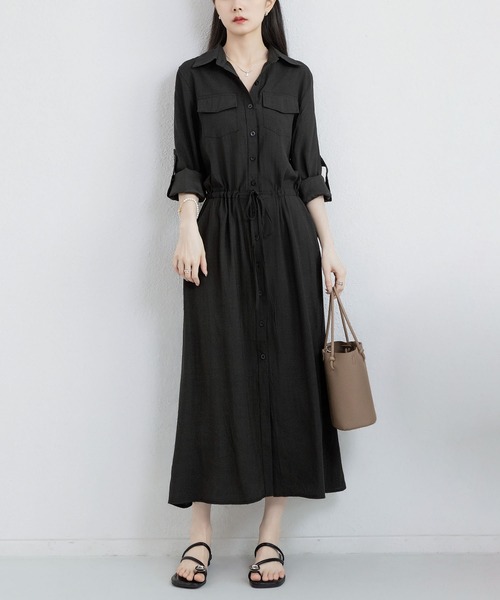 ワンピース シャツワンピース 長袖 切り替え マキシ丈 24zm895 MAISON DE THERESE シャツワンピース 長袖胸ポケット ロング