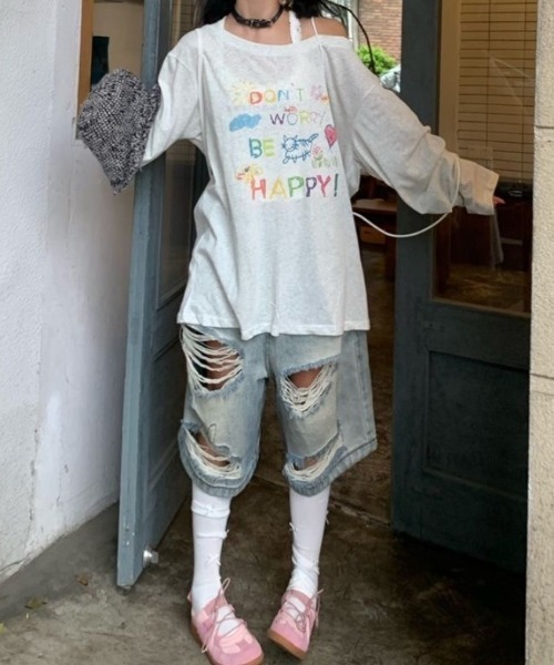 DJ VU 売れ筋商品|||デジャヴ Tシャツ トップス レディース Tops White 高身長 綿100％コード刺しゅうロゴTシャツ（トールサイズ