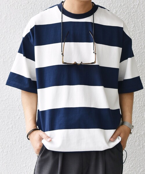 SHIPS any tシャツ any: ワイド カラー ボーダー スピンドル Tシャツ
