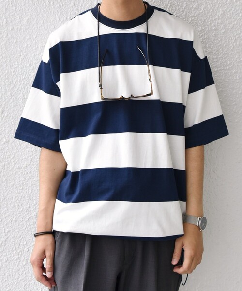 SHIPS any tシャツ any: ワイド カラー ボーダー スピンドル Tシャツ