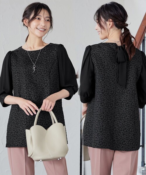 Tiaclasse ブラウス シャツ フラワーJQ袖シフォンチュニック