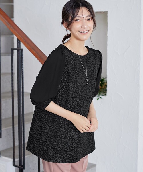Tiaclasse ブラウス シャツ フラワーJQ袖シフォンチュニック
