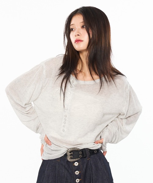 WISH FOR EVER tシャツ SHEER HENRY NECK LONG SLEEVE PULLOVER