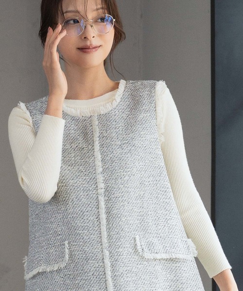 ELFRANK ワンピース ツイード フリンジ ノースリーブ Aライン ロング