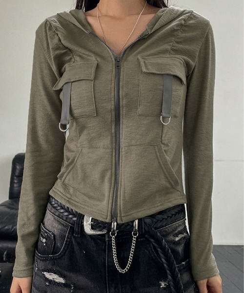 lilful パーカー フード付き フロントポケットデザイン タイトフィット