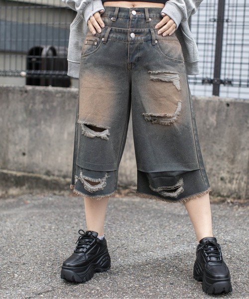 パンツ 「ダブルウエスト×クラッシュ加工」レディース デニム ハーフ