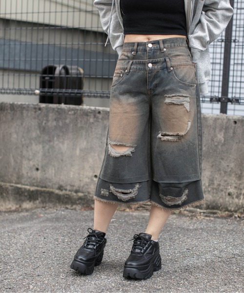 ハーフパンツ パンツ 「ダブルウエスト×クラッシュ加工」レディース