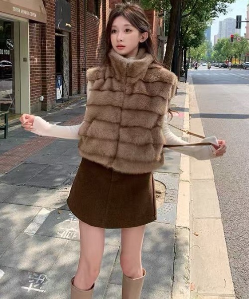 AsRiRe ベスト ジレ スタンドカラーフェイクファーベスト レディース