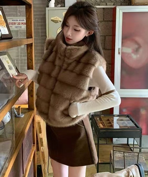 AsRiRe ベスト ジレ スタンドカラーフェイクファーベスト レディース
