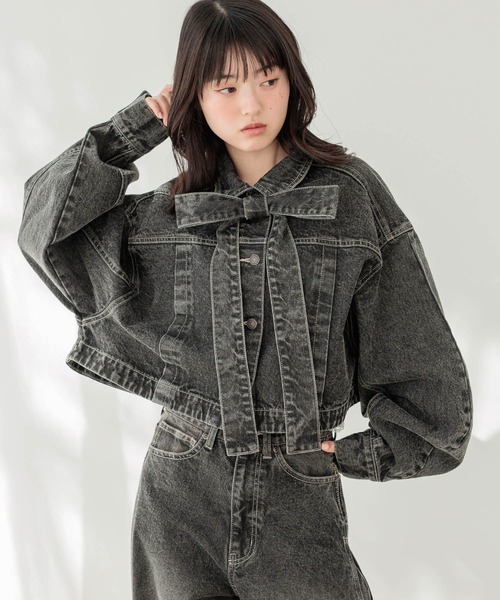 Heather デニムリボンショートジャケット パンツセットアップ ブラック Heather（ヘザー） デニムジャケット gジャン デニムリボンショート
