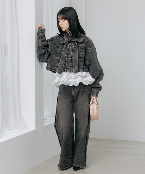 Heather デニムリボンショートジャケット パンツセットアップ ブラック Heather（ヘザー） デニムジャケット gジャン デニムリボンショート