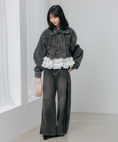 Heather デニムリボンショートジャケット パンツセットアップ ブラック Heather（ヘザー） デニムジャケット gジャン デニムリボンショート