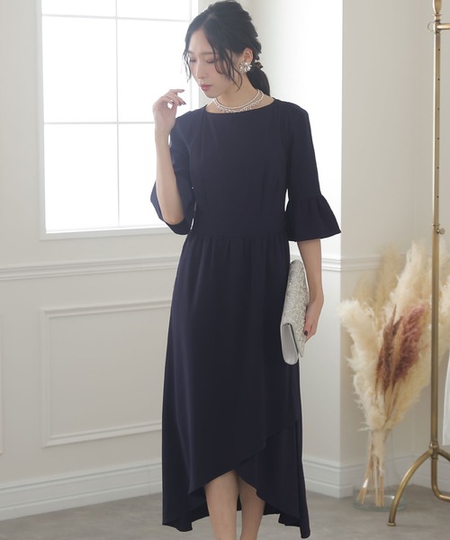 「PourVous」 7分袖ワンピース M ネイビー レディース_画像2