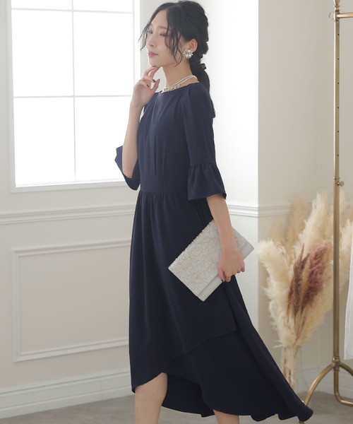 「PourVous」 7分袖ワンピース M ネイビー レディース_画像3