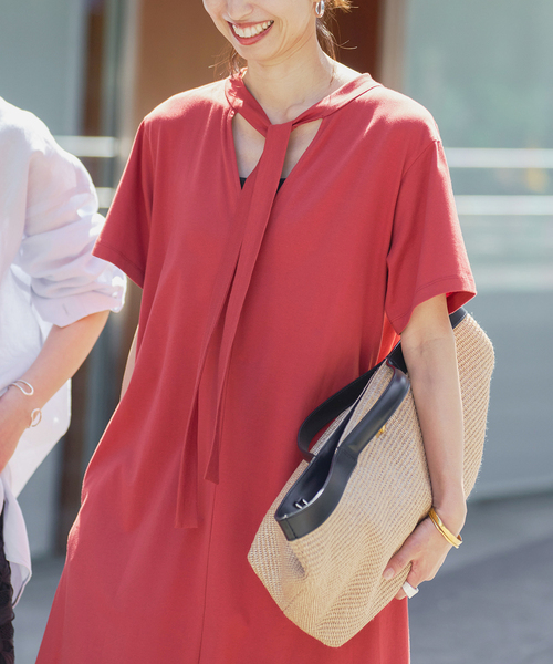 ワンピース 半袖 Tie-Neck Jersey Dress