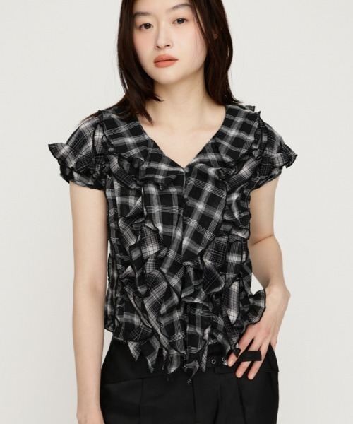 新品　新作　sly MIX FRILL COMPACT BL ネイビー　チェック SLY（スライ） ブラウス シャツ 半袖 MIX FRILL COMPACT BL ミックス