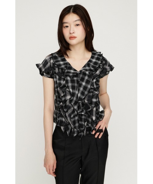 新品　新作　sly MIX FRILL COMPACT BL ネイビー　チェック SLY（スライ） ブラウス シャツ 半袖 MIX FRILL COMPACT BL ミックス